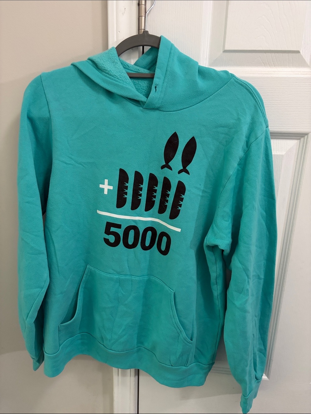 Turquoise Graphic Pullover Hoodie with 2 fish + 5 loaves = 5000 Print